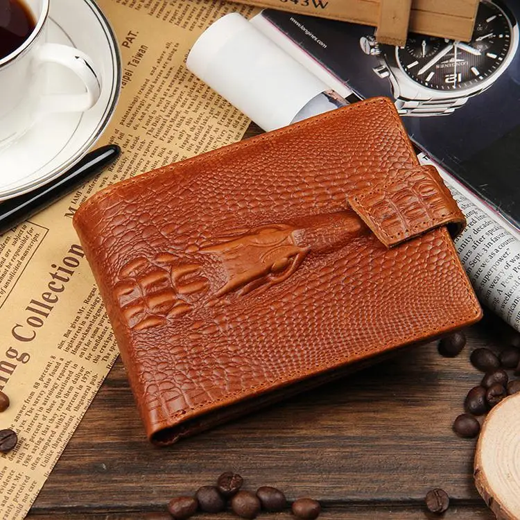 

Hot Sale Fashion Cowhide Genuine Leather Alligator Grain Hasp Men Wallets Carteira 3 Folds Black Brown Coin Pocket Purse Wallet