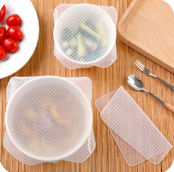 4pcs/set Washable silicone Food grade bag Wraps Seal Cover reusable Vacuum Lid Stretch and fresh bees wax wrap Kitchen Tools