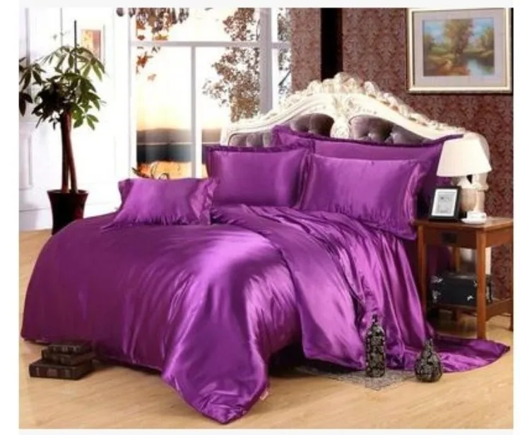 Luxury Deep Purple Silk Bedding Set Satin Sheets Super King Size