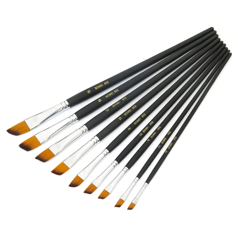 9pcs/set Nylon Hair Oil Paint Brush Oblique Long Handle Artist Painting Brush For Gouache