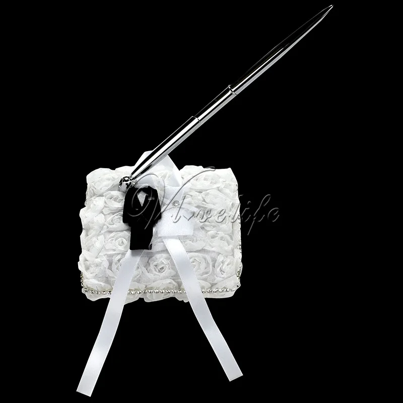 Bride Groom Wedding Pen Set with Lace Roses Flowers Ribbons Bow Pen