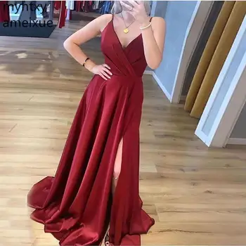 

Custom Simple Elegant A-line Event Evening Dresses V-neck Red Satin Robe De Soiree Long Prom Dress Spaghetti Straps Plus Size