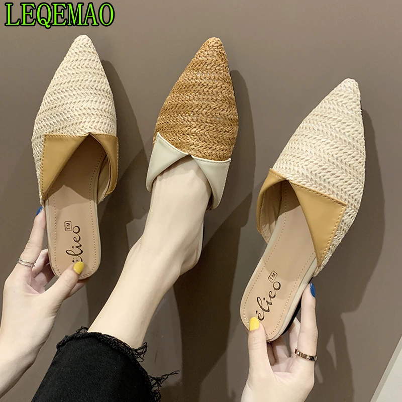 

2019 Women Slippers Fashion Pointed Toe Weave Mules Shoes Flat Slides Summer Beach Flip Flop Outside Slip On Shoes