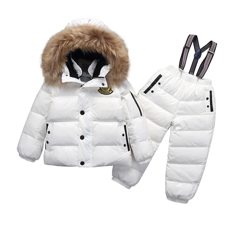 Girls Boy Snowwear Kids Winter Jumpsuit Windproof Waterproof Warm Duck Down Jacket Pants Snowboarding Children Clothing Set Suit - Цвет: Белый