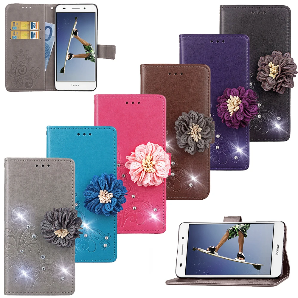 for huawei honor y6II case Luxury Drilling 3D flowers Leather Flip cover Stand Card Slot Cases Honor 5A Y6 II 5.5&quot | Мобильные