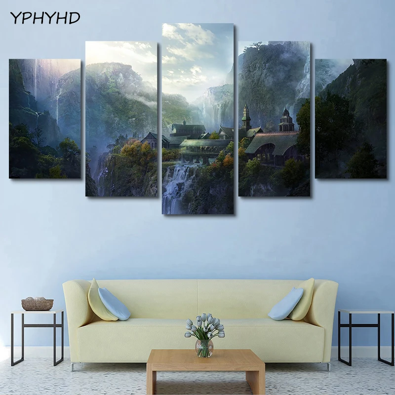 

YPHYHD 5 Piece HD Print Mountain Waterfall Painting Living Room Lord Of The Rings Poster Framework Canvas Picture Wall Art Decor