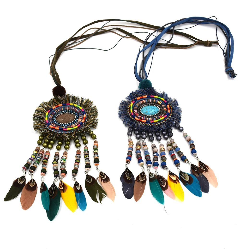 New Handmade Bohemia Boho Beads Long Fringe Pendant Maxi Necklace Colorful Beaded Chain Feather Tassel Pendants Necklaces