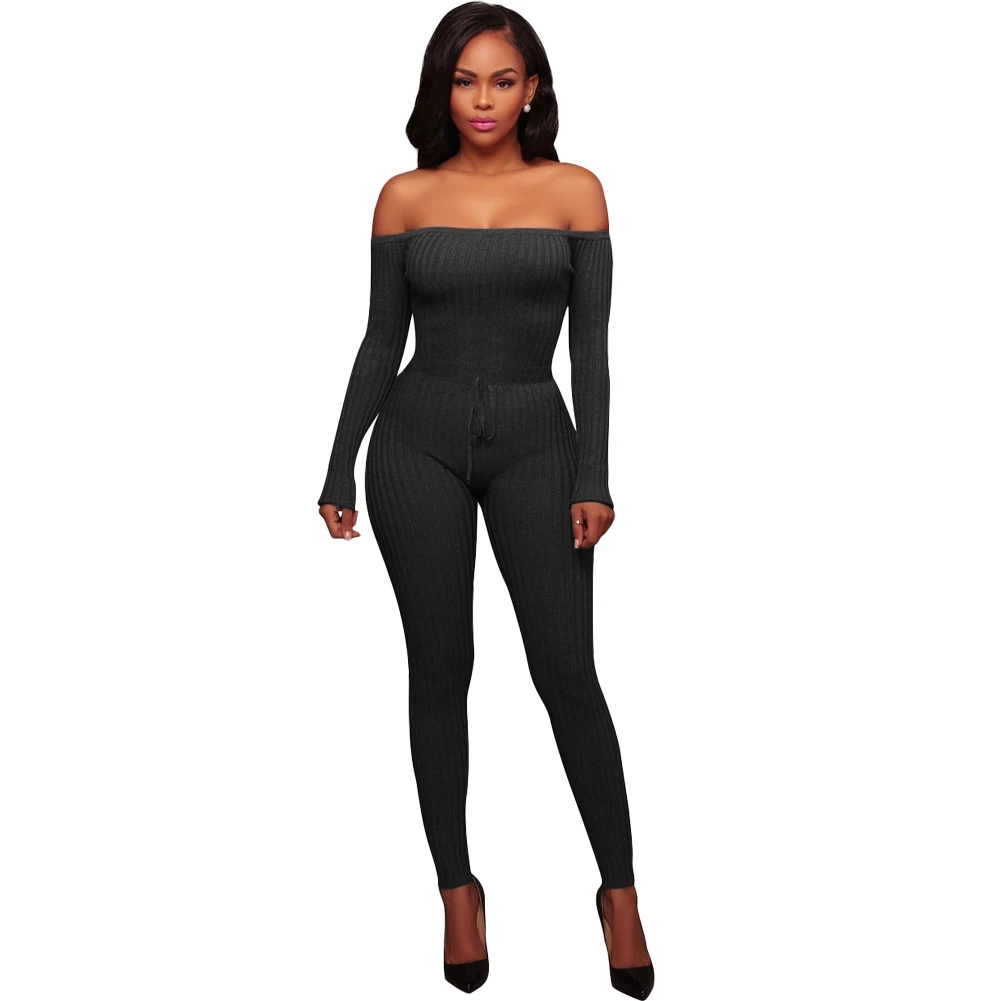 Sexy Knitted Bodycon Jumpsuit Women Off Shoulder Long Sleeve Drawstring