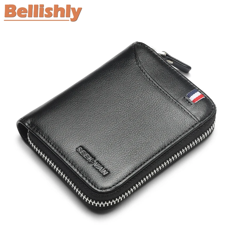 

Bellishly man Genuine Leather Mens Wallets zipper Short Coin Purse Brand Male Cowhide Credit&id Multifunction Small B Wallet