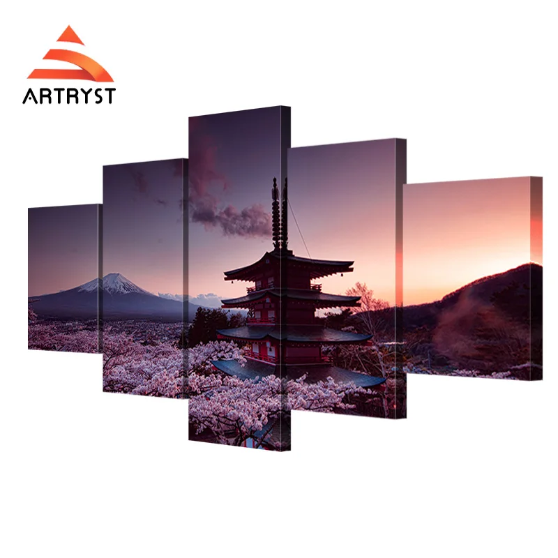 

5 panel modular churei tower sakura fujiyama landscape HD print on canvas modern home decor canvas painting for living room
