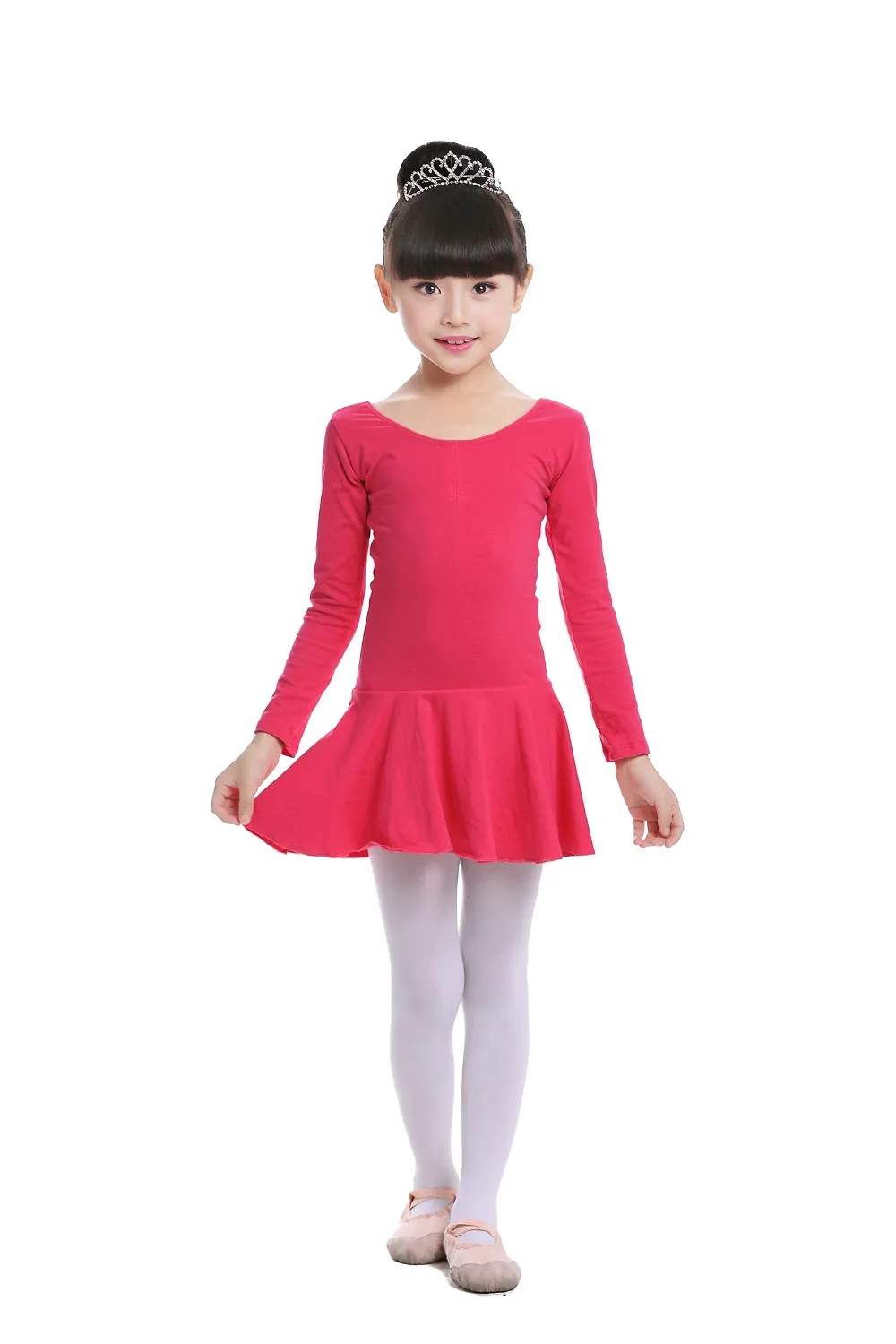 Pink Cotton Formal Ballet Dress for Girls Long Sleeves Shiny Ballet leotard for Dance Kids Gymnastics Professional Tutu Dress (23)