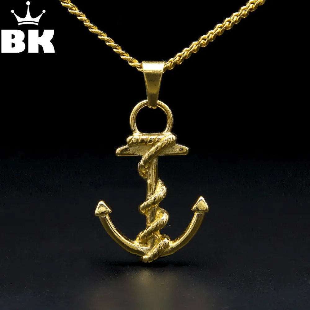 Stainless Steel Anchor Pendant Necklace With 24 Inch Cuban Chain Gold