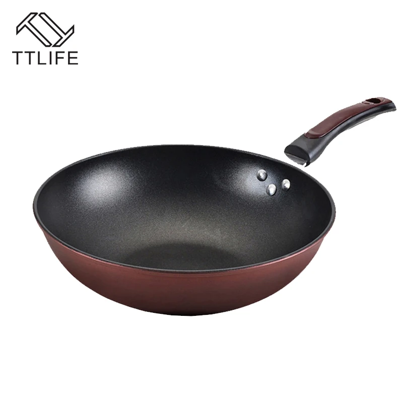 Image TTLIFE 32cm 34cm Non stick Layer Pan Deep Wok Frying Pan High Quality Flat Bottom Cookware Use for Gas and Induction Cooker