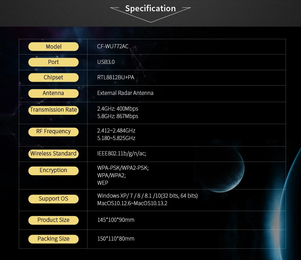 COMFAST Высокая мощность радар Wifi адаптер WU772AC 2,4/5G 1200 Мбит/с двухдиапазонный ПК USB 3,0 приемник 10dBi антенна Windows7 8 10 MAC OS