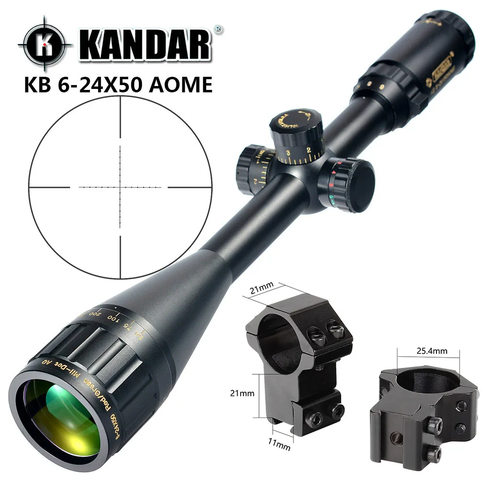 KANDAR Gold Edition 6-24x50 AOME стекло гравированное Mil-dot Сетка фиксирующий прицел охотничий прицел тактический оптический прицел - Цвет: with Dovetail Rings