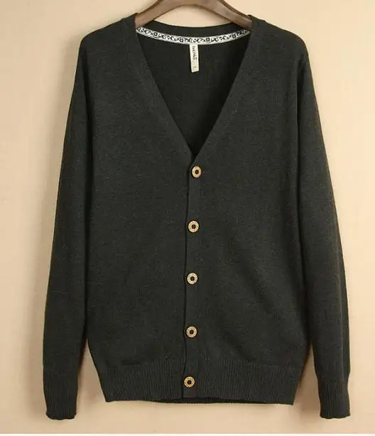 Новая мода тонкий кардиган свитер человек с длинным рукавом V шеи пальто Мужчины вязаный трикотаж сплошной цвет вязаный свитер - Цвет: Темно-серый