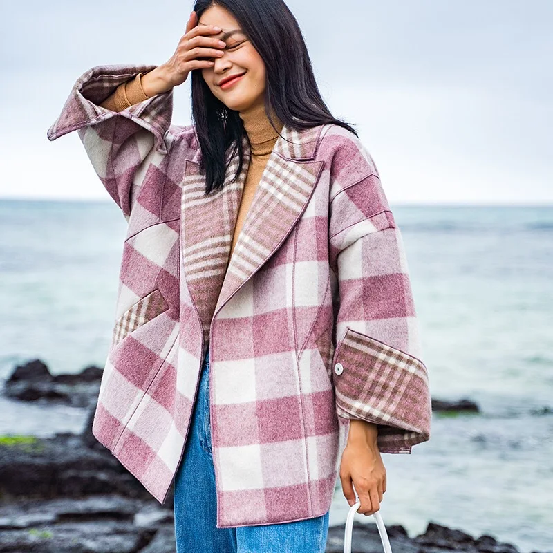 2018 Autumn Winter Original Design Gloria&ampGrace Pink Wool Vintage Plaid Print Oversize Loose Warm Coat Jacket Outerwear | Женская
