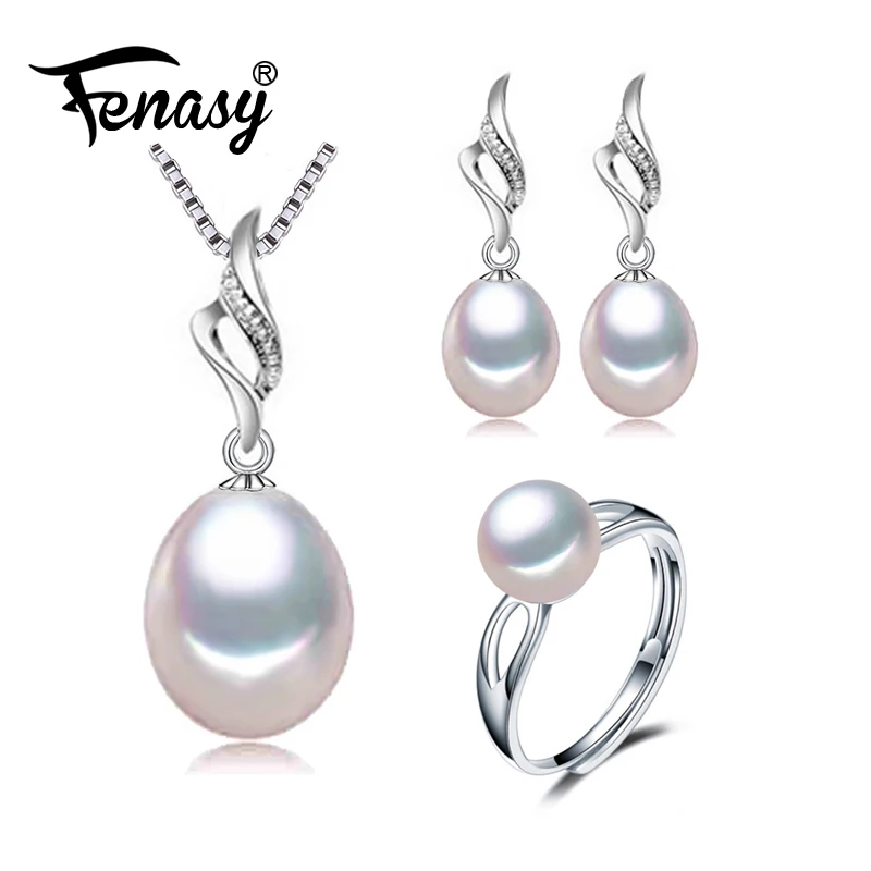 

FENASY Trendy Pearl Jewelry Wedding Engagement Jewelry Sets Natural Pearl Pendant Necklace women anniversary Earrings