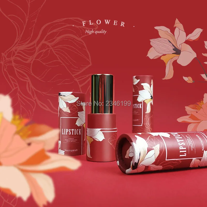Empty Paper Lipstick Tube 12.1mm Red Flowers Lipbalm Tube Empty Cosmetic Container Red Magnolia Papery Lipstick Container (2)