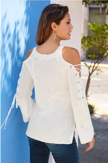 Sexy V Neck Shoulder Strap Female Long Sleeve Pullover Lady's Flare Long Sleeve Lace-up Femme Knitted Sweater 2018