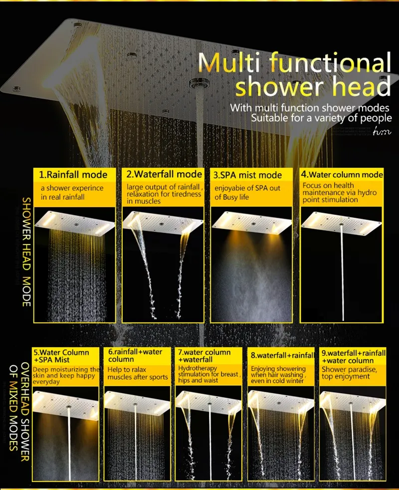 Набор для ванной комнаты, аксессуары для душа, кран, панель, кран, смеситель для горячей и холодной воды, светодиодный потолочный Душ, насадка для душа, водопад, душ hm
