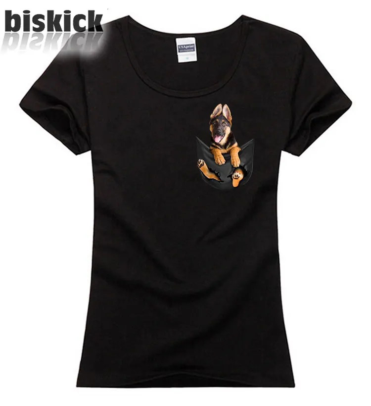 

German Shepherd in pocket puppy dog cotton lady girl waist slim Tshirt woman hiphop underwear T-Shirt Tee top