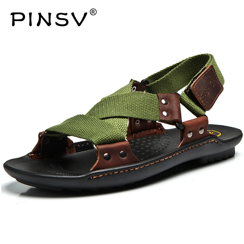 PINSV Genuine Leather Sandals Men Summer Beach Shoes Sandals Men For