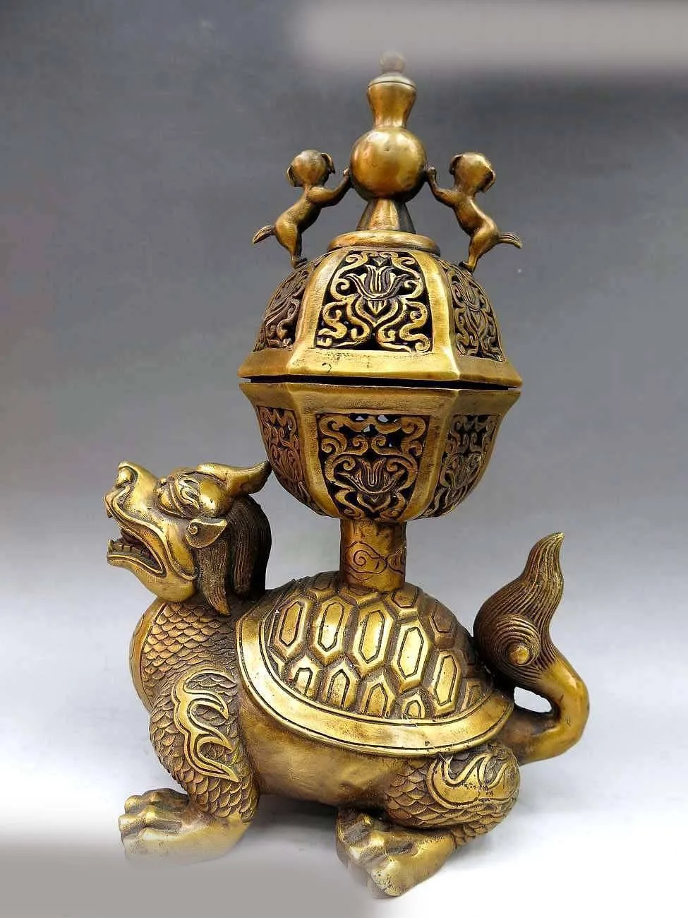 

12" China bronze gild buddhism Foo Dogs Lion Dragon Turtle censer incense burner