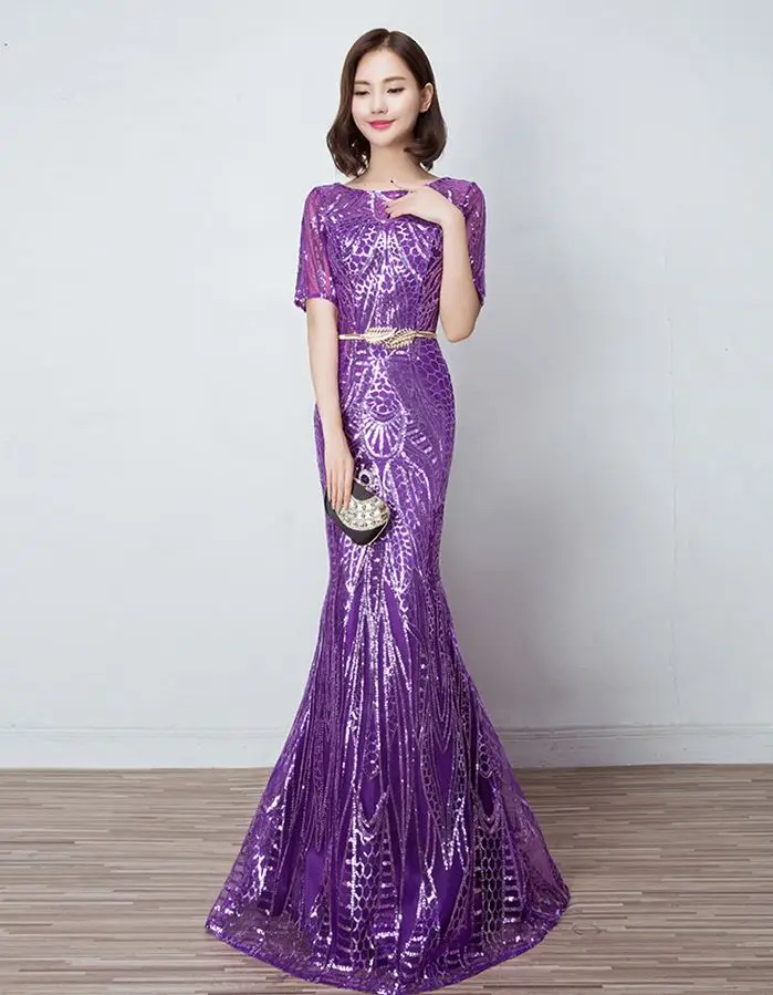 Vestido para festa de casamento2019 новинка из кружева, с вырезом на шее, с блестками, Сексуальная Русалка, золотой, красный, фиолетовое платье для невесты, длинное sukienka plus - Цвет: Фиолетовый