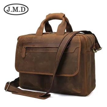 

J.M.D Crazy Horse Leather Men's Handbag Vintage Genuine Leather Briefcase Double Zip Messenger Bag 7395