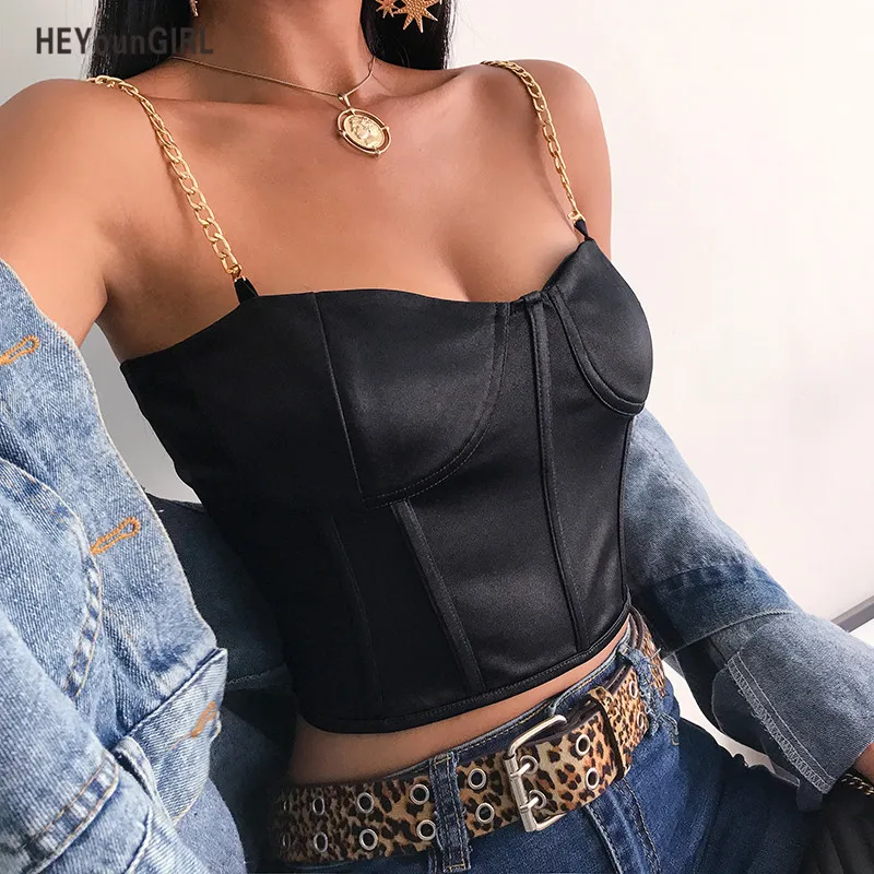 

HEYounGIRL Elegant Patchwork Chain Strap Tank Top Women Backless Sexy Crop Tops Tees Harajuku Black Cami Top Summer Camisole