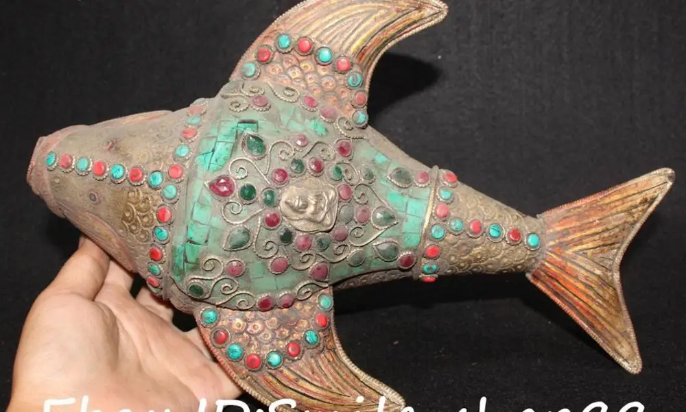 

12" Old Turquoise Coral Bronze Fish Barracuda Shape Conch Trumpet shell Statue