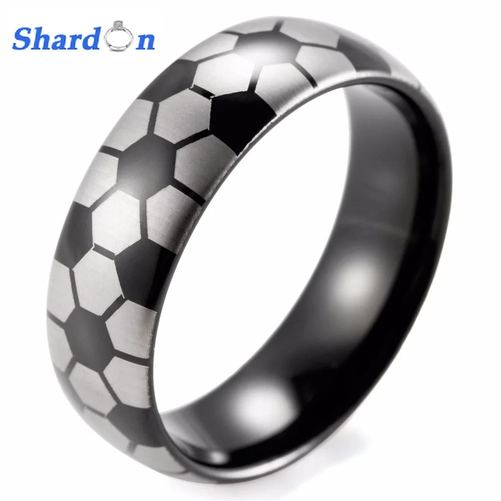 SHARDON 8mm Men's Dome Black Tungsten Carbide Soccer Ball design ring