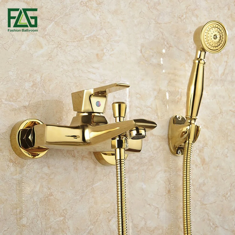 

FLG Wall Mounted Antique Brass Brushed Gold Plated Bathtub Faucet With Hand Shower Bathroom Bath Shower Faucets Torneiras HS038