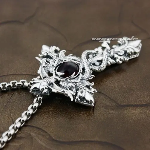 Черный CZ камень Дракон шпагат кулон Твердые стерлингового серебра 925 крутые мужские байкерские Крест Подвеска «меч» 8X002