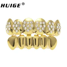 Hip Hop Rose Gold Color Heart Top Teeth Grills Six Teeth Iced Out Simulated Diamonds Bottom Grills Gold Color Grills Set