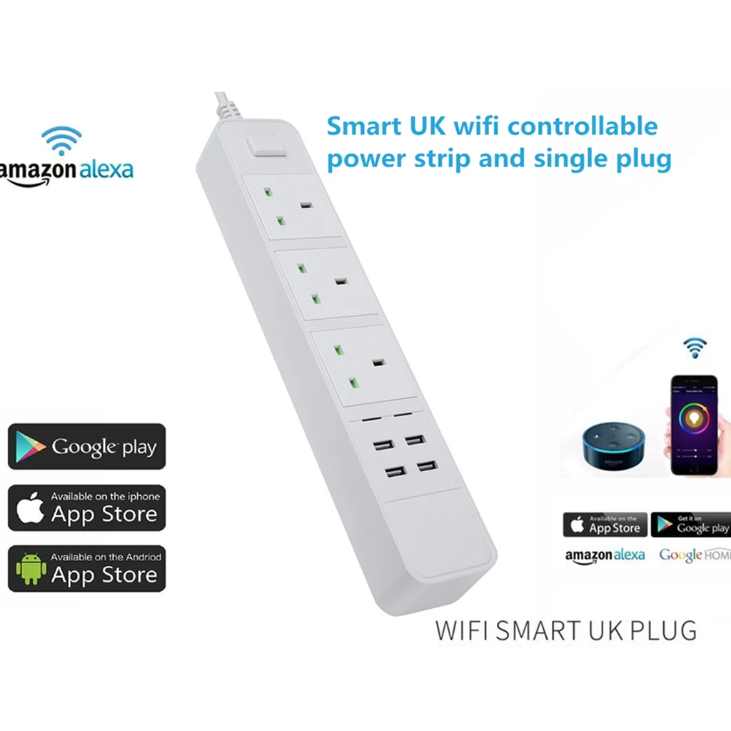 WiFiSmart домашняя электронная розетка питания 3 розетки переменного тока Быстрая зарядка 4 USB с Alexa Google Home пульт дистанционного управления ЕС Великобритания вилка