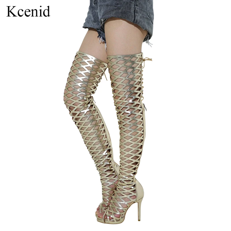 

Kcenid Big size 34-47 new gold dance boots peep toe sexy women roman gladiator sandals clubwear fetish shoes over the knee boots