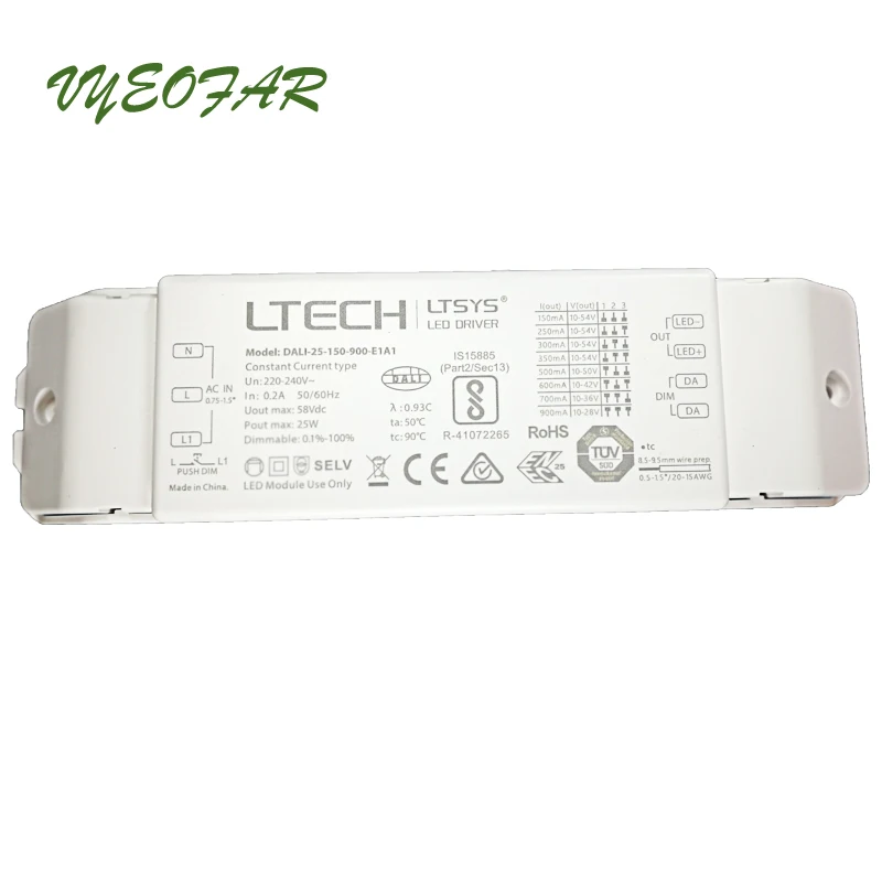 

LTECH Dali Dimming Driver;CE driver DALI-25-150-900-E1A1;AC 220V-240V input;150mA-900mA 25W output Led Dali Dimmable Driver