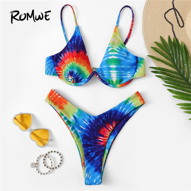 

Romwe Sport Bikinis Set Tie Dye Underwire Top With Triangle Low Rise Bottoms Swimwear Women Summer Sexy Boho High Cut Swimwear