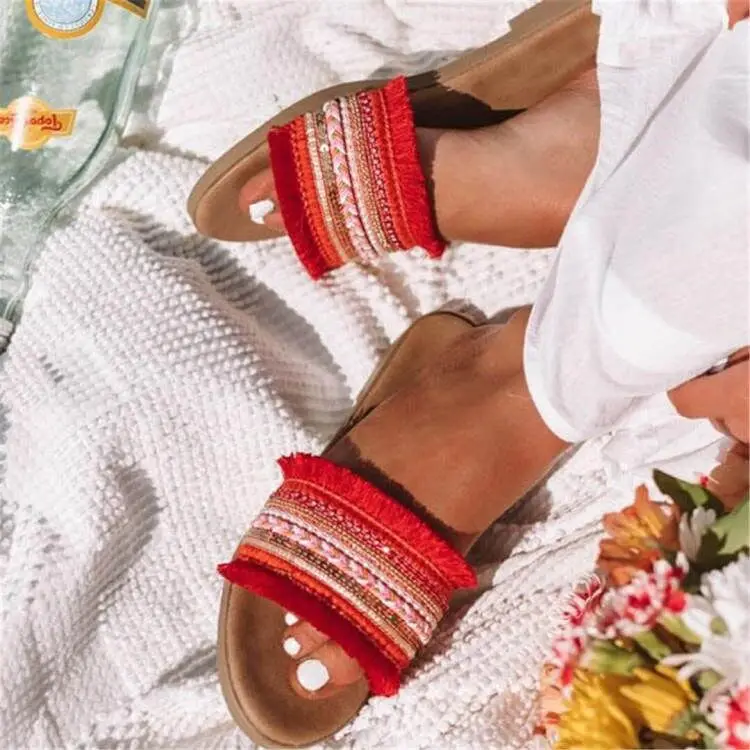 

Women Flat Slippers Summer New Openwork Woven Fabric Mixed Colors Sandals Rome Retro Casual Shoes Female Outdoor Home 2019