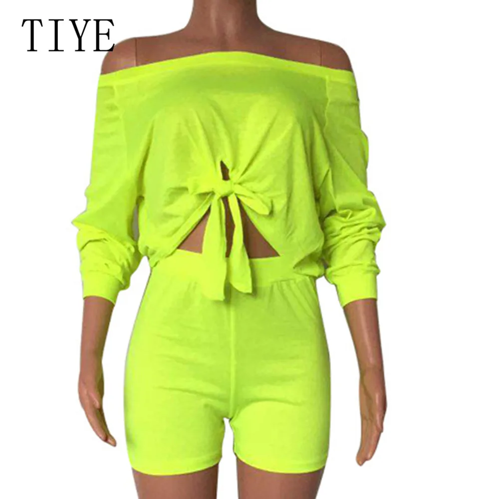 TIYE Two Pieces Sets Off Shoulder Short Sleeve Crop Top and Slim Pants Summer Hollow Out Casual Go Out Playsuits Plus Size XXL - Цвет: Зеленый