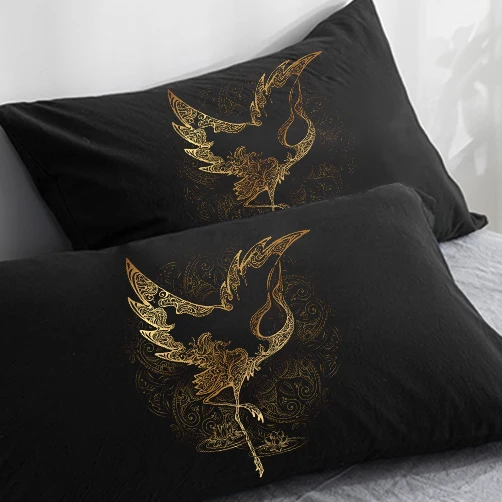 

3D HD Black Pillow Case,Customize Pillowcase 50x70/75/80 70x70,Decorative Pillow Cover Golden crane on Black Bedding