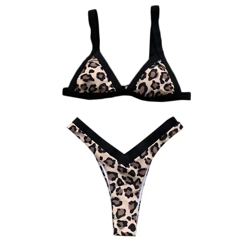 F Leopard Women Sexy Two Piece Bikini Set Color Block Edge Padded Bra Vintage Plaid Leopard Printed Deep V-Neck Low Waist Thong - Цвет: F Leopard