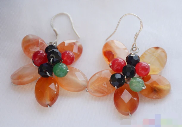 

hot sell new - free shipping 12262 red green black agate jade flower dangle earring