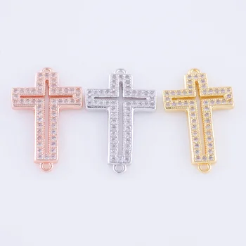 

European And American Gold Silver Rose Gold Plated Simple Cross Connector Micro Pave White Zircon Charm For DIY Necklace Women