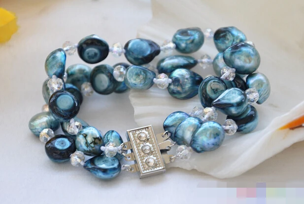 

FREE SHIPPING>>>@@ > 09573 3row blue baroque pearl faceted crystal bracelet