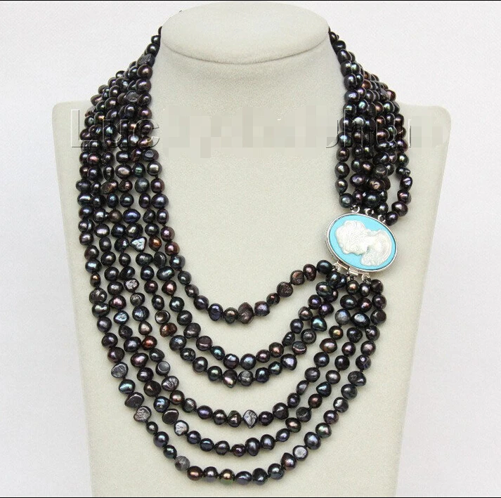 

Free shipping@@@@@ AGenuine baroque 16"-21" 6row 7mm black pearls necklace seashell clasp j10060 a 6.08