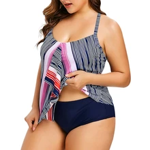 Танкини большого размера, купальник из двух частей, женский купальник с принтом, цветной блок, пляжная одежда, Femme, на тонких бретелях, с высокой талией, в полоску