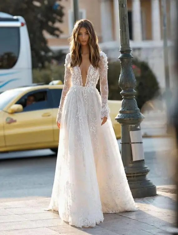 BERTA, скромные свадебные платья с длинным рукавом, кружевные 3D цветочные цветы, v-образный вырез, открытая спина, сексуальные садовые свадебные платья - Цвет: as pic